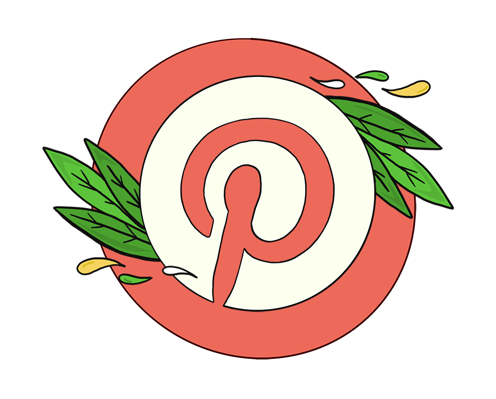 Illustrated Pinterest Logo with leaves.