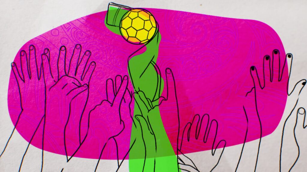 Women's world cup 2023 opening title hand image for the BBC coverage. Hand drawn image of lots of hands celebrating and holding up the world cup trophy.