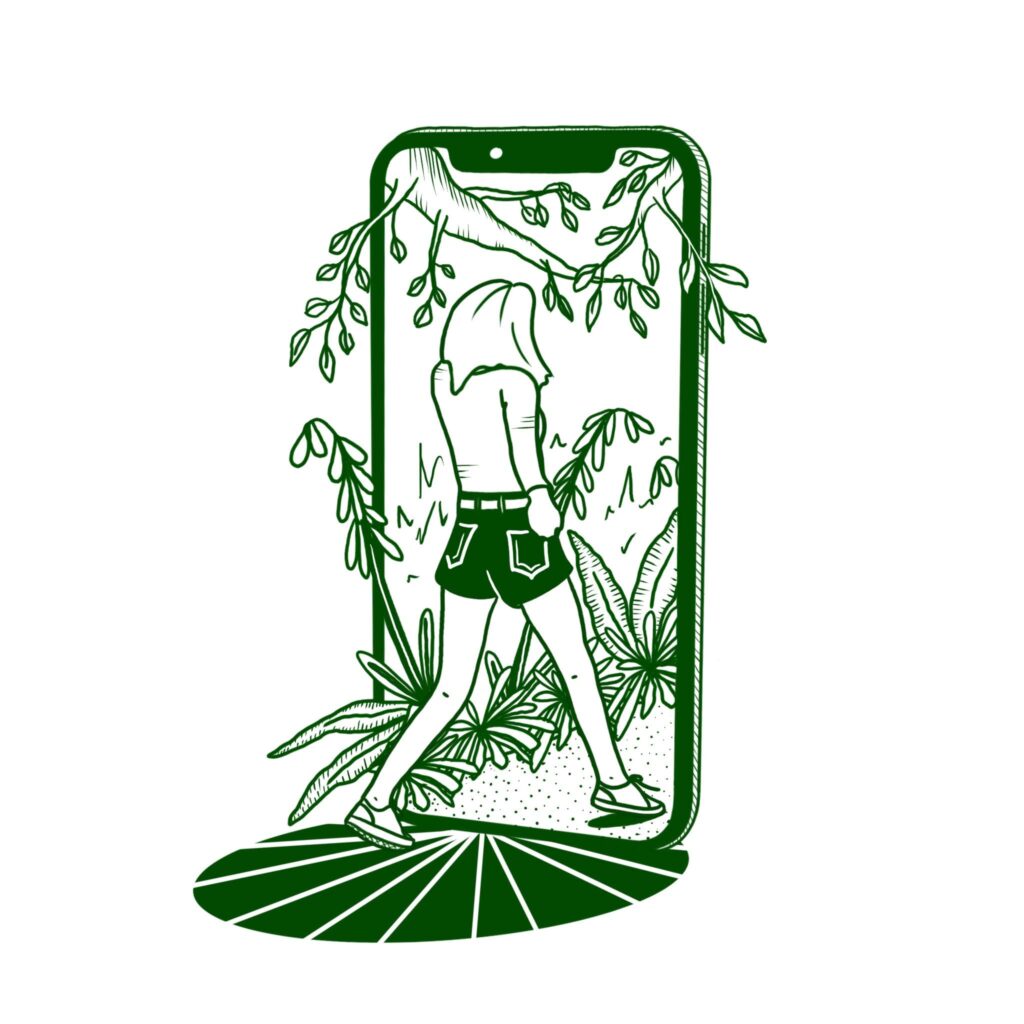 Line drawing of a person walking through a phone which is bursting with nature as an encouragement to go outside and explore the great outdoors.