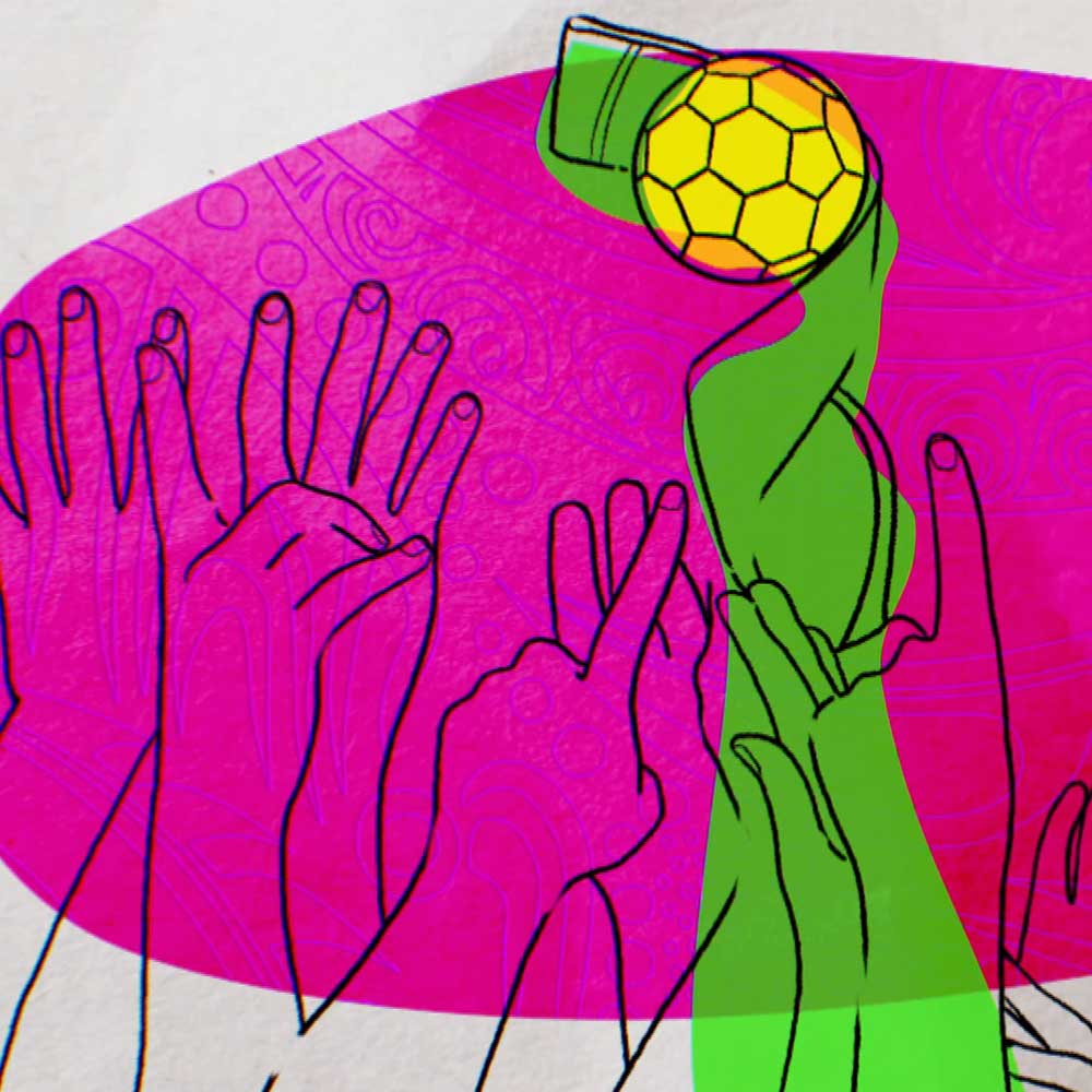 Women's world cup 2023 opening title hand image for the BBC coverage. Hand drawn image of lots of hands celebrating and holding up the world cup trophy.