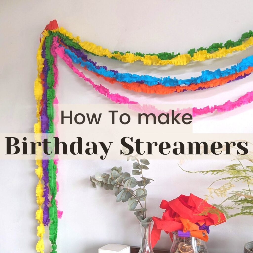 How to make birthday streamers, colourful paper streamers hung up to decorate a room for a birthday.